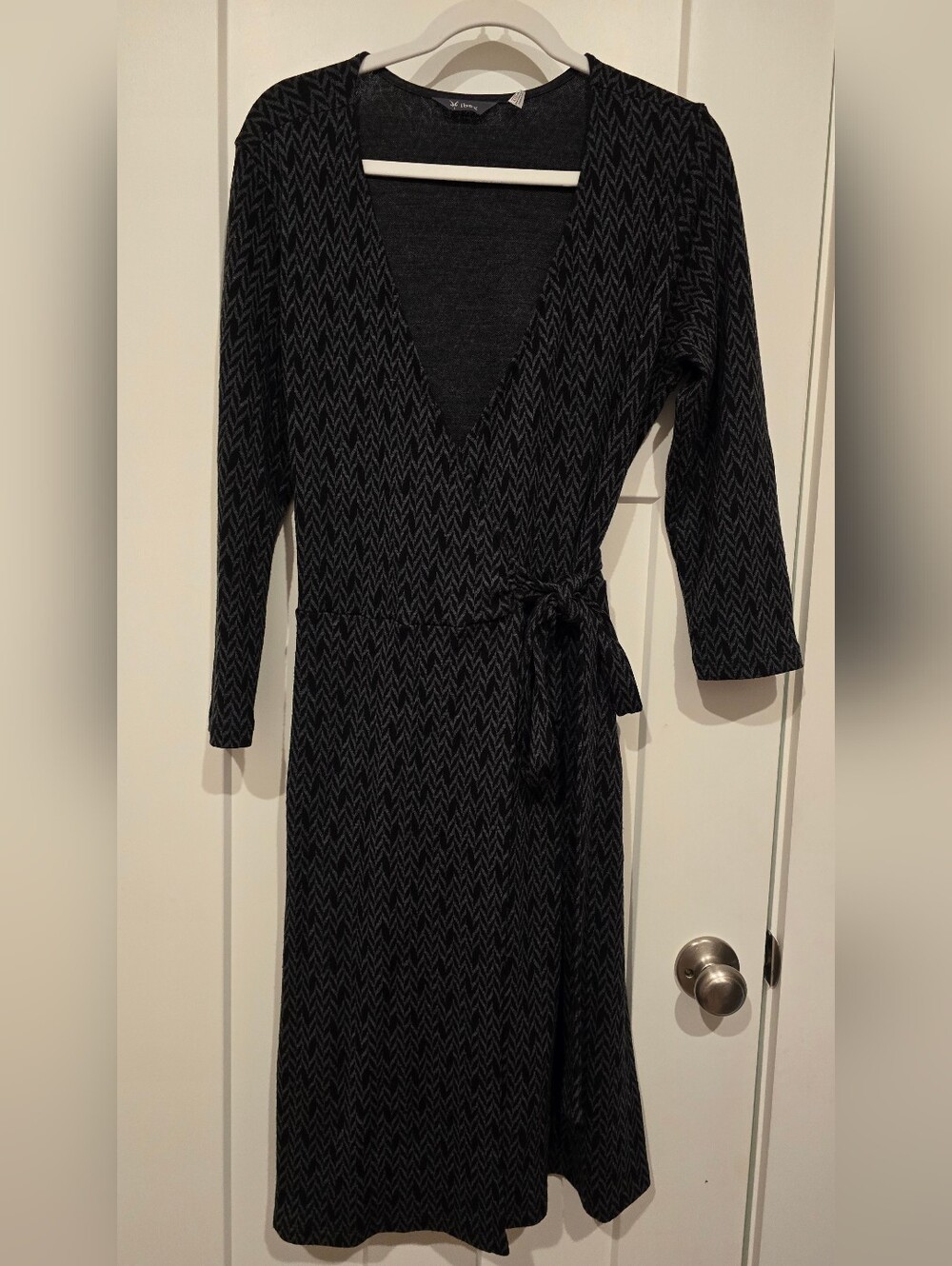 ibex Charcoal Black Chevron Wool Wrap Dress